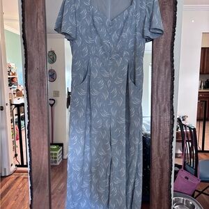 Unique Vintage Dusty Blue Printed Short Sleeve Jumpsuit